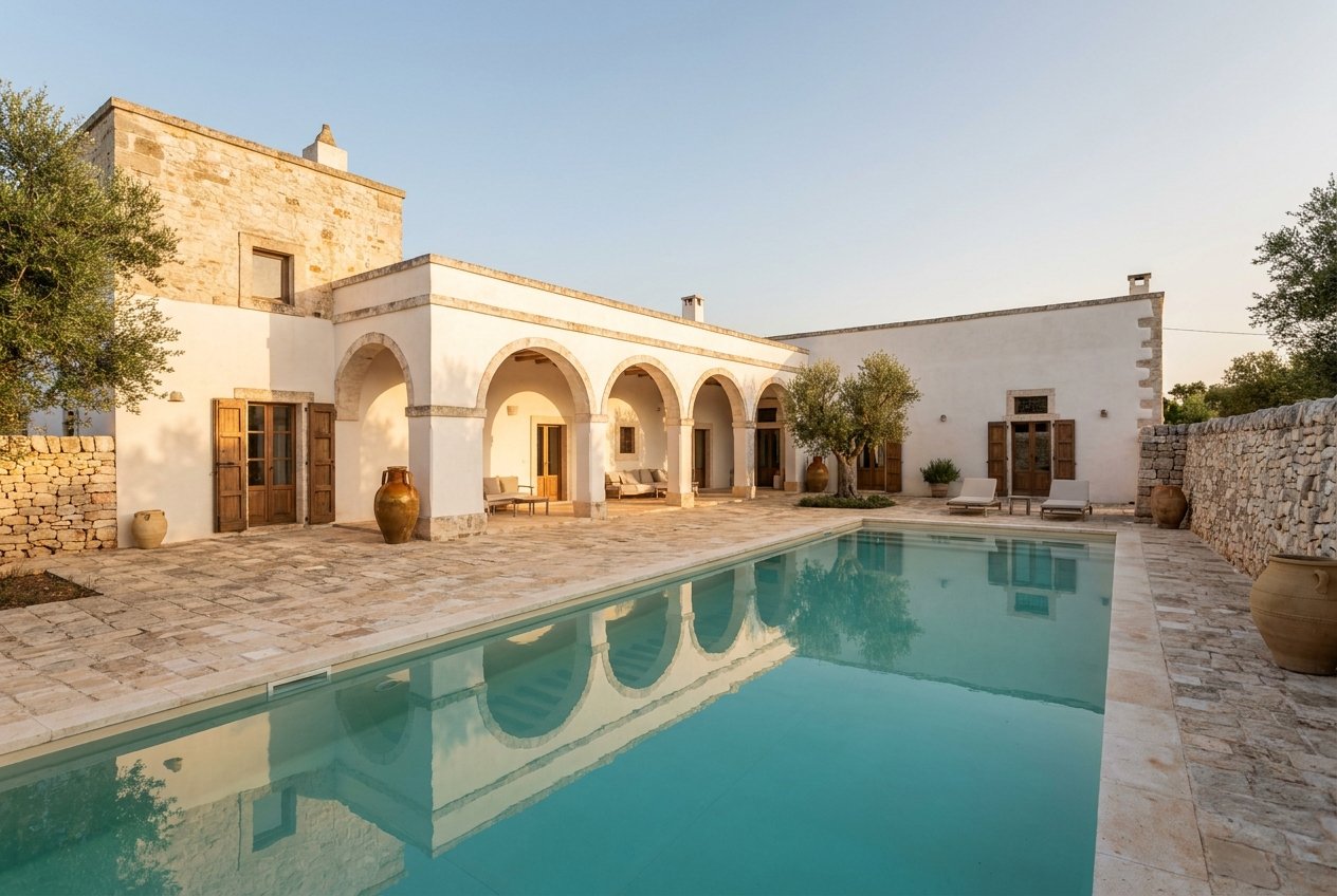 Masseria Cervarolo — render della corte al tramonto